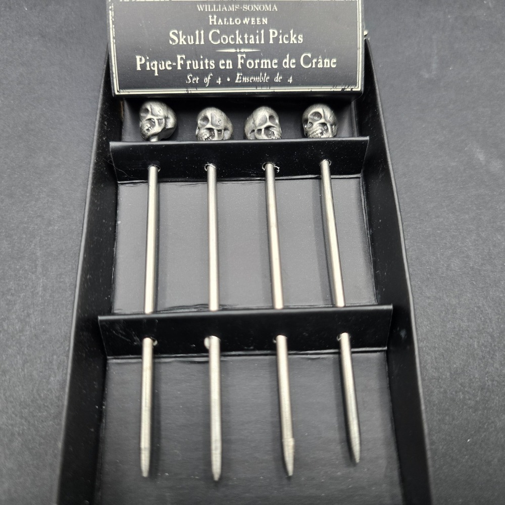Williams-Sonoma Halloween Skull Cocktail Picks Set of 4 Stainless Steel Silver